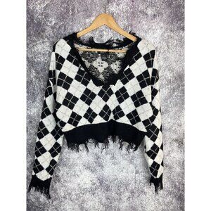 Just Polly New York Knit Argyle Cropped Fringe Sweater Women's Juniors Medium